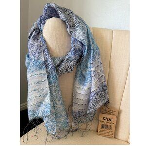 AS IS Fleurs Elegant Additions NATURAL SILK scarf wrap India blue floral ombre